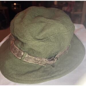 Womens Nine West Dark Green Fabric Bucket Hat, With Gold 3/4” Faux Belt Rim